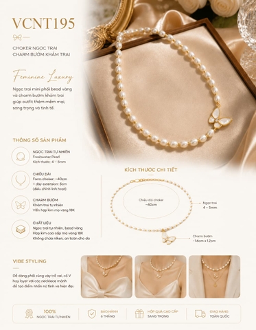 Vòng Cổ Choker Ngọc Trai VCNT195 – Feminine Luxury Với Charm Bướm Khảm Trai