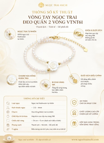 Vòng Tay Ngọc Trai Đeo Quấn 2 Vòng Phối Charm Hoa Hồng Khảm Trai VTNT61 – Thanh Lịch, Nữ Tính