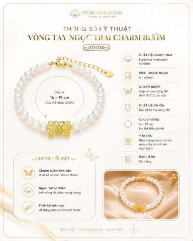 Vòng Tay Ngọc Trai Charm Bướm VTNT60 Bạc 925 Mạ Vàng – Ngọc Trai Tự Nhiên Thanh Lịch Cho Nữ