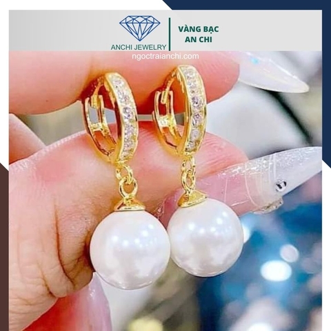 Bông tai ngọc trai vàng tây 10k kiểu khoen tròn tòng teng đẹp cho nữ