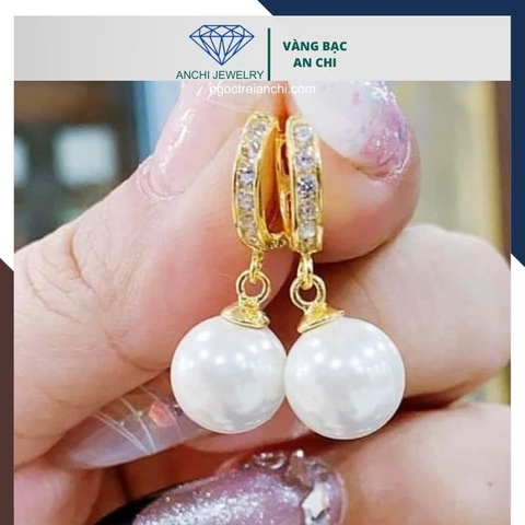 Bông tai ngọc trai vàng tây 10k kiểu khoen tròn tòng teng đẹp cho nữ