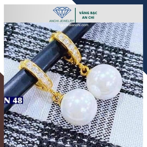 Bông tai ngọc trai vàng tây 10k kiểu khoen tròn tòng teng đẹp cho nữ