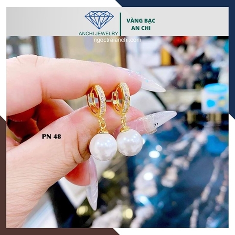 Bông tai ngọc trai vàng tây 10k kiểu khoen tròn tòng teng đẹp cho nữ