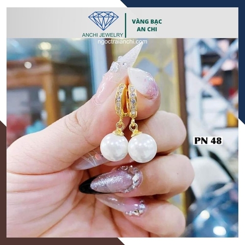 Bông tai ngọc trai vàng tây 10k kiểu khoen tròn tòng teng đẹp cho nữ