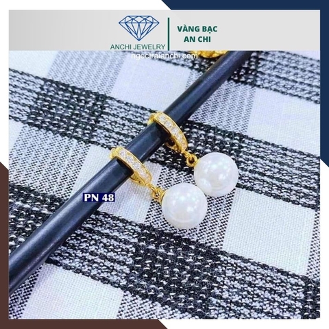 Bông tai ngọc trai vàng tây 10k kiểu khoen tròn tòng teng đẹp cho nữ