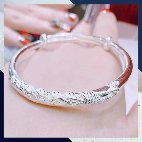Kiềng tay bạc nữ, Vòng tay bạc nữ dạng kiềng khắc họa tiết đuôi công đẹp mã TL5C