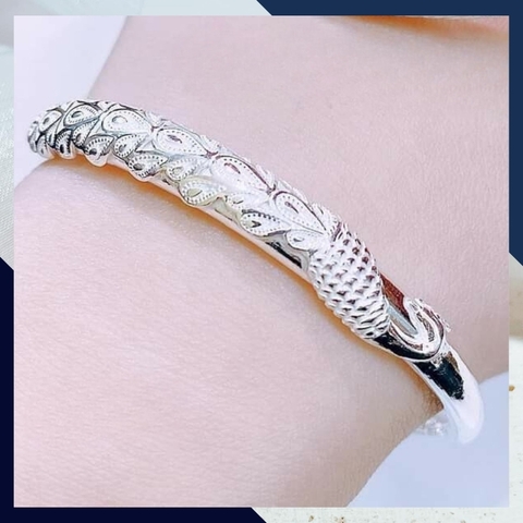 Kiềng tay bạc nữ, Vòng tay bạc nữ dạng kiềng khắc họa tiết đuôi công đẹp mã TL5C