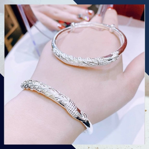Kiềng tay bạc nữ, Vòng tay bạc nữ dạng kiềng khắc họa tiết đuôi công đẹp mã TL5C