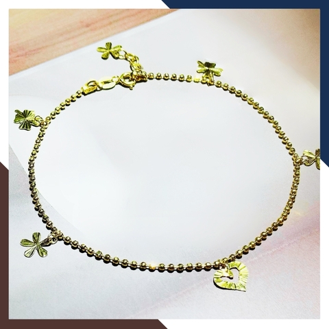 Lắc chân bi vàng tây nữ 10k mix charm trái tim và cỏ 4 lá mã TL86
