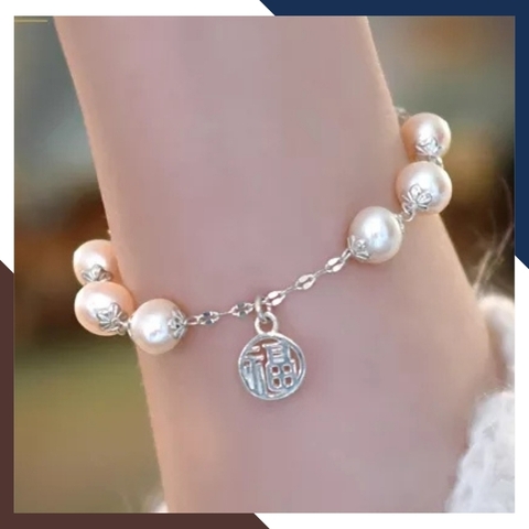 Lắc tay bạc đính ngọc trai thật phối charm, Vòng ngọc trai đeo tay đẹp cho nữ mã 89AC260