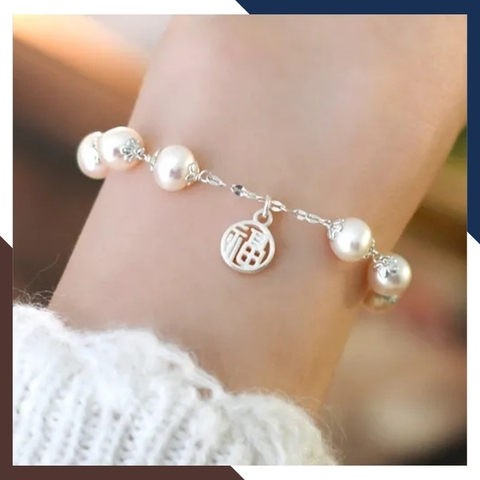Lắc tay bạc đính ngọc trai thật phối charm, Vòng ngọc trai đeo tay đẹp cho nữ mã 89AC260