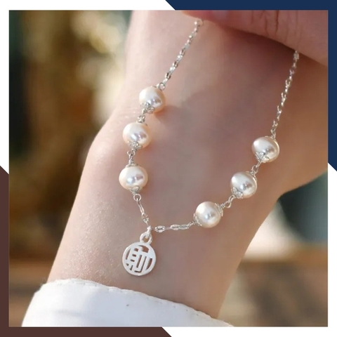 Lắc tay bạc đính ngọc trai thật phối charm, Vòng ngọc trai đeo tay đẹp cho nữ mã 89AC260