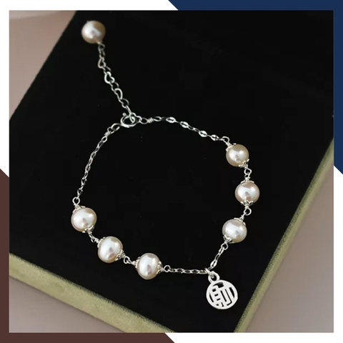 Lắc tay bạc đính ngọc trai thật phối charm, Vòng ngọc trai đeo tay đẹp cho nữ mã 89AC260