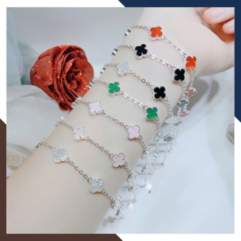 Lắc Tay Bạc Nữ Cỏ 4 Lá Đen, Đỏ, Trắng, Xanh, Hồng Mã LTBN28