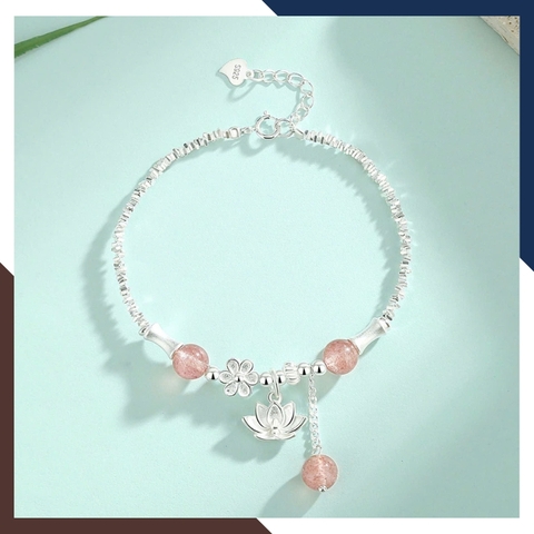 Lắc Tay Bạc Nữ Hạt Vỡ Phối Đá Thạch Anh Dâu Hồng Cho Nàng Mệnh Hỏa LTBN63