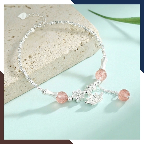 Lắc Tay Bạc Nữ Hạt Vỡ Phối Đá Thạch Anh Dâu Hồng Cho Nàng Mệnh Hỏa LTBN63