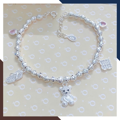 Lắc Tay Bi Bạc Nữ Phối Charm Gấu, Cỏ 4 Lá, Trái Tim, Chiếc Dép Tông LTBN88