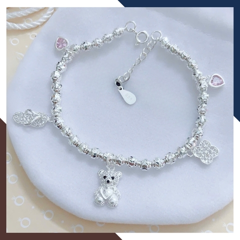 Lắc Tay Bi Bạc Nữ Phối Charm Gấu, Cỏ 4 Lá, Trái Tim, Chiếc Dép Tông LTBN88