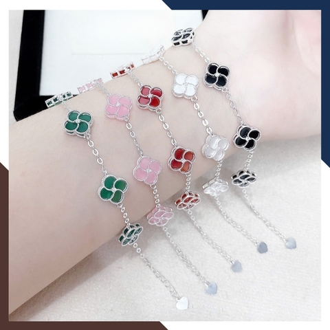 Lắc Tay Cỏ 4 Lá Bạc Nữ Đính Đá 10mm Màu Đen, Đỏ, Trắng, Xanh, Hồng LTBN38