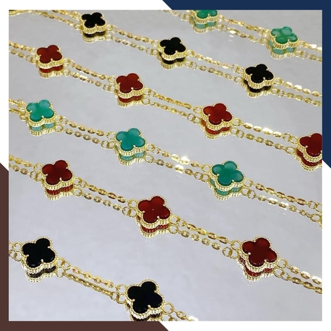 Lắc tay vàng cỏ 4 lá đính đá đen, đỏ, hồng, tím trắng, xanh mã TL88