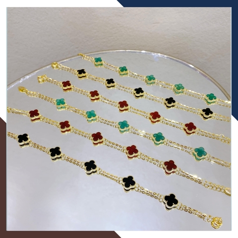 Lắc tay vàng cỏ 4 lá đính đá đen, đỏ, hồng, tím trắng, xanh mã TL88