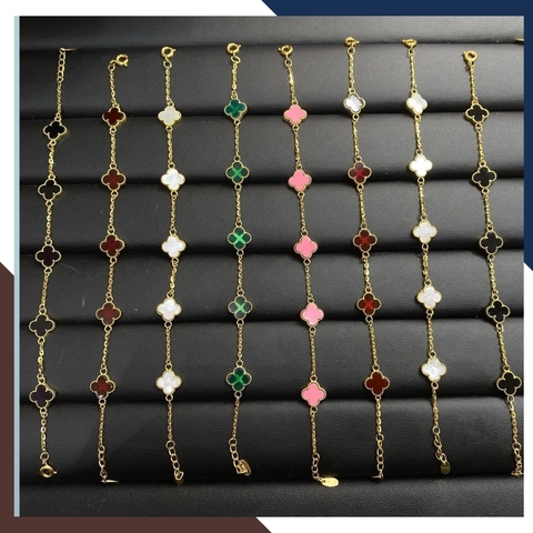 Lắc tay vàng cỏ 4 lá đính đá đen, đỏ, hồng, tím trắng, xanh mã TL88