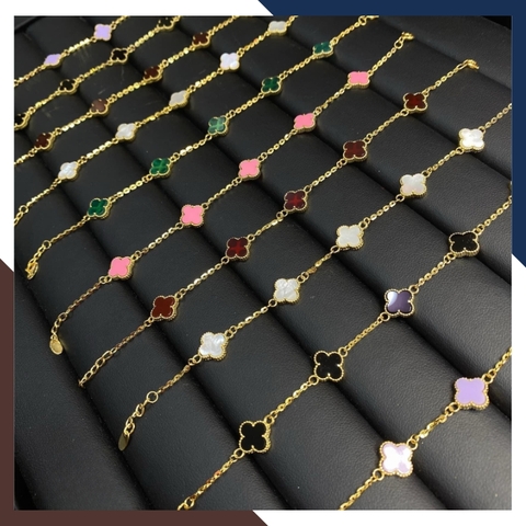 Lắc tay vàng cỏ 4 lá đính đá đen, đỏ, hồng, tím trắng, xanh mã TL88