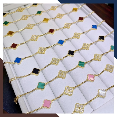 Lắc tay cỏ 4 lá vàng tây 10k đính đá đen, đỏ, hồng, trắng, xanh mã TL108