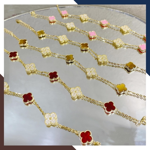 Lắc tay cỏ 4 lá vàng tây 10k đính đá đen, đỏ, hồng, trắng, xanh mã TL108