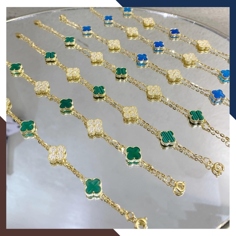 Lắc tay cỏ 4 lá vàng tây 10k đính đá đen, đỏ, hồng, trắng, xanh mã TL108