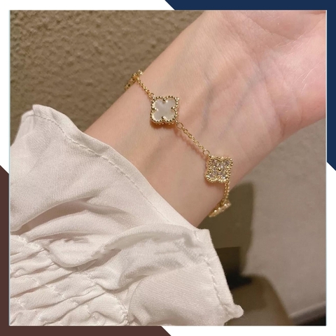 Lắc tay cỏ 4 lá vàng tây 10k đính đá đen, đỏ, hồng, trắng, xanh mã TL108