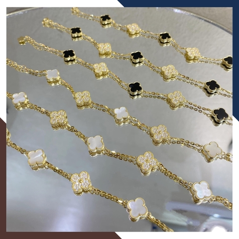 Lắc tay cỏ 4 lá vàng tây 10k đính đá đen, đỏ, hồng, trắng, xanh mã TL108