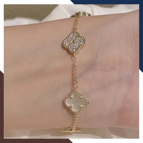 Lắc tay cỏ 4 lá vàng tây 10k đính đá đen, đỏ, hồng, trắng, xanh mã TL108