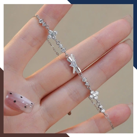 Lắc Tay Cỏ 4 Lá Phối Nơ Bạc Ta Nguyên Chất LTBN48 – Điểm Nhấn Duyên Dáng Cho Phái Đẹp