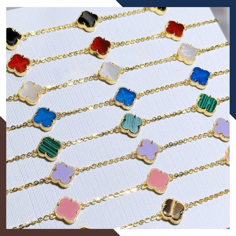 Lắc tay cỏ 4 lá vàng tây 10k đính đá đen, đỏ, trắng, xanh, vàng, hồng, tím cho nữ đẹp mã TL70