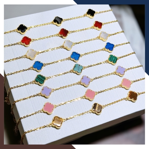 Lắc tay cỏ 4 lá vàng tây 10k đính đá đen, đỏ, trắng, xanh, vàng, hồng, tím cho nữ đẹp mã TL70