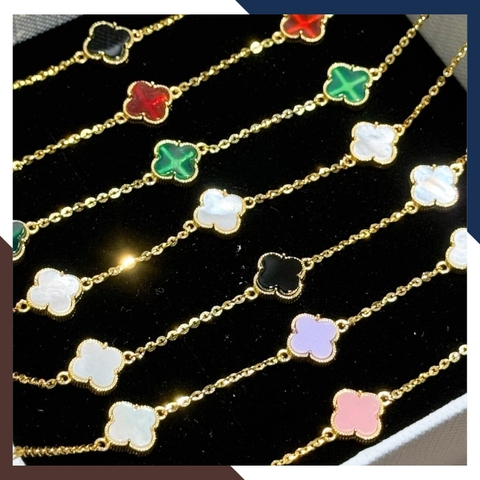 Lắc tay cỏ 4 lá vàng tây 10k đính đá đen, đỏ, trắng, xanh, vàng, hồng, tím cho nữ đẹp mã TL70