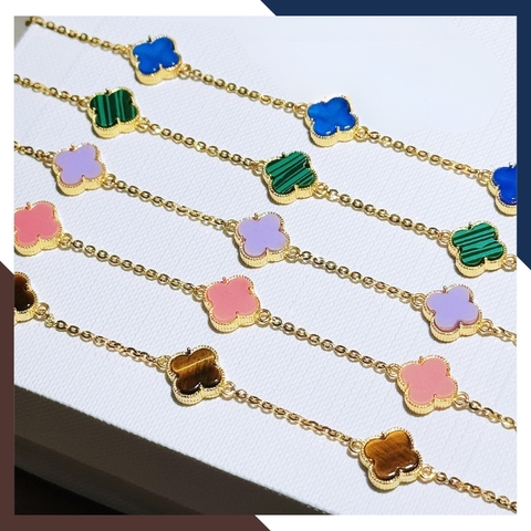 Lắc tay cỏ 4 lá vàng tây 10k đính đá đen, đỏ, trắng, xanh, vàng, hồng, tím cho nữ đẹp mã TL70