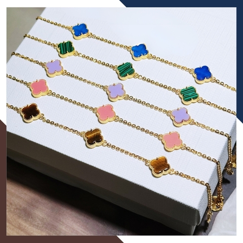 Lắc tay cỏ 4 lá vàng tây 10k đính đá đen, đỏ, trắng, xanh, vàng, hồng, tím cho nữ đẹp mã TL70