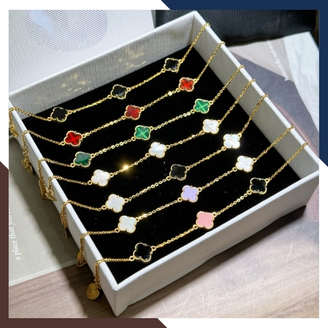 Lắc tay cỏ 4 lá vàng tây 10k đính đá đen, đỏ, trắng, xanh, vàng, hồng, tím cho nữ đẹp mã TL70