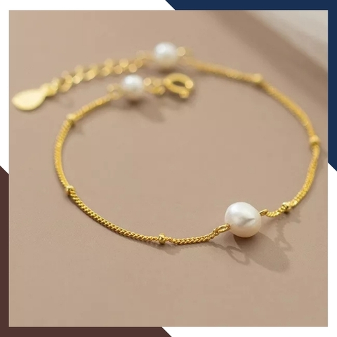 Lắc tay ngọc trai thật bạc xi mạ vàng, vòng tay ngọc trai nuôi nước ngọt tự nhiên cho nữ mã 89D75