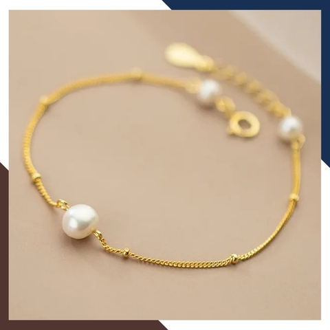 Lắc tay ngọc trai thật bạc xi mạ vàng, vòng tay ngọc trai nuôi nước ngọt tự nhiên cho nữ mã 89D75