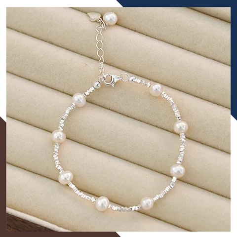 Lắc tay ngọc trai mix hạt bạc vỡ, vòng tay vụn bạc đính ngọc trai thật đẹp cho nữ mã 78AC190