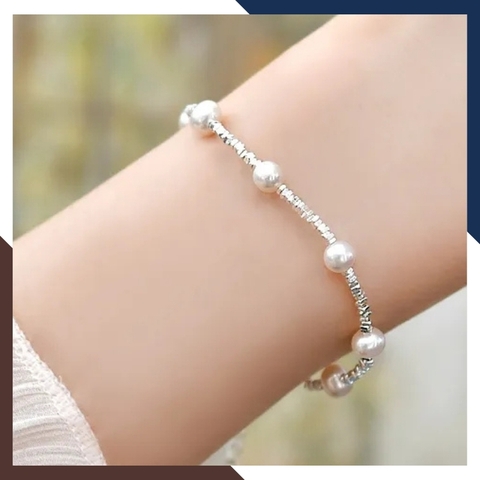 Lắc tay ngọc trai mix hạt bạc vỡ, vòng tay vụn bạc đính ngọc trai thật đẹp cho nữ mã 78AC190