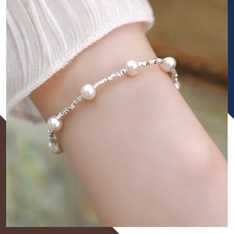 Lắc tay ngọc trai mix hạt bạc vỡ, vòng tay vụn bạc đính ngọc trai thật đẹp cho nữ mã 78AC190