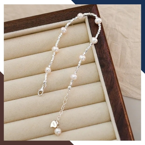 Lắc tay ngọc trai mix hạt bạc vỡ, vòng tay vụn bạc đính ngọc trai thật đẹp cho nữ mã 78AC190