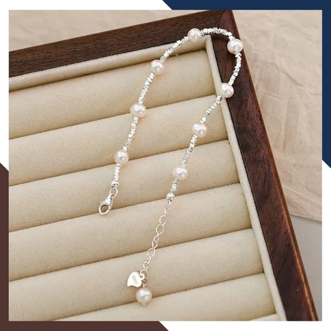 Lắc tay ngọc trai mix hạt bạc vỡ, vòng tay vụn bạc đính ngọc trai thật đẹp cho nữ mã 78AC190