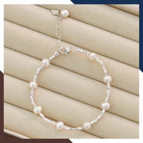 Lắc tay ngọc trai mix hạt bạc vỡ, vòng tay vụn bạc đính ngọc trai thật đẹp cho nữ mã 78AC190