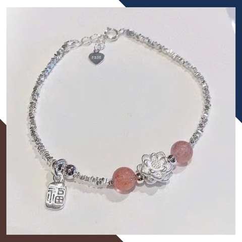 Lắc Tay Nữ Hạt Bạc Vụn Mix Hoa Sen & Đá Thạch Anh Dâu Hồng LTBN125