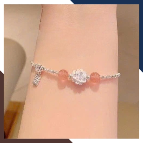 Lắc Tay Nữ Hạt Bạc Vụn Mix Hoa Sen & Đá Thạch Anh Dâu Hồng LTBN125